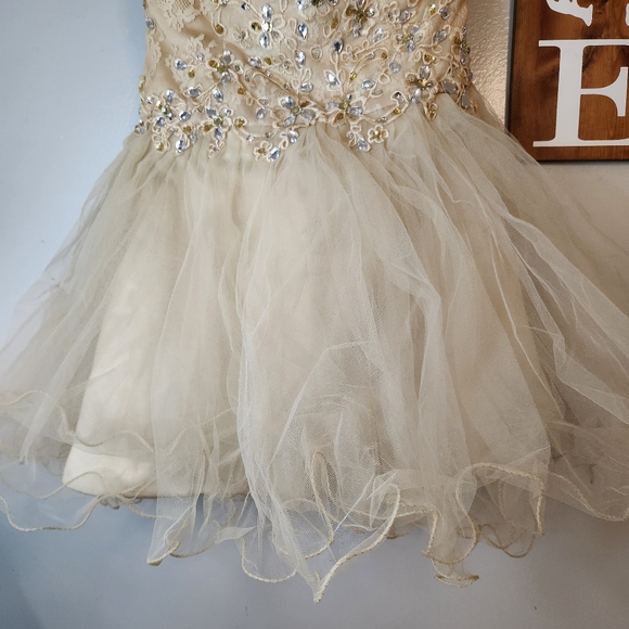 Gold Short Corset Back Jeweled Strapless Formal Dress - Picture 3 of 10